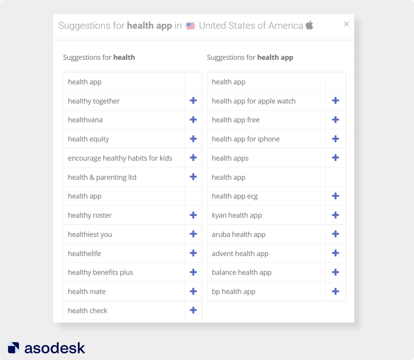 Поисковые подсказки для запроса «health app» в App Store