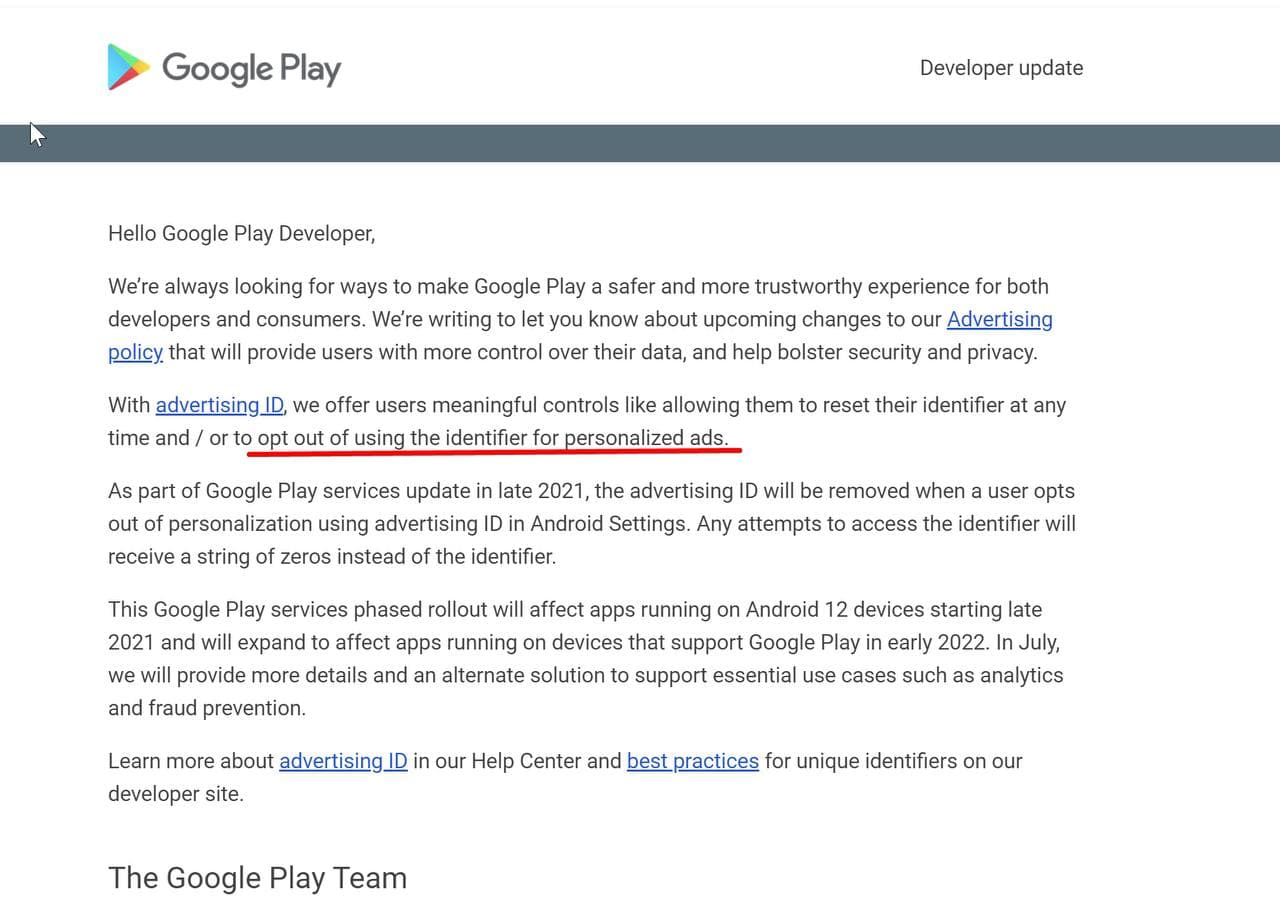 Google разрешит пользователям отключать рекламные идентификаторы в Google Play