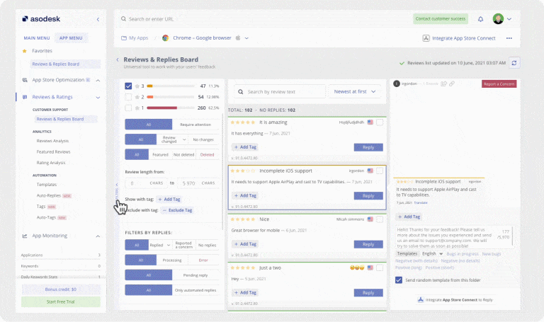 В Asodesk можно убрать панель фильтров, чтобы освободить больше места для анализа отзывов из App Store и Google Play