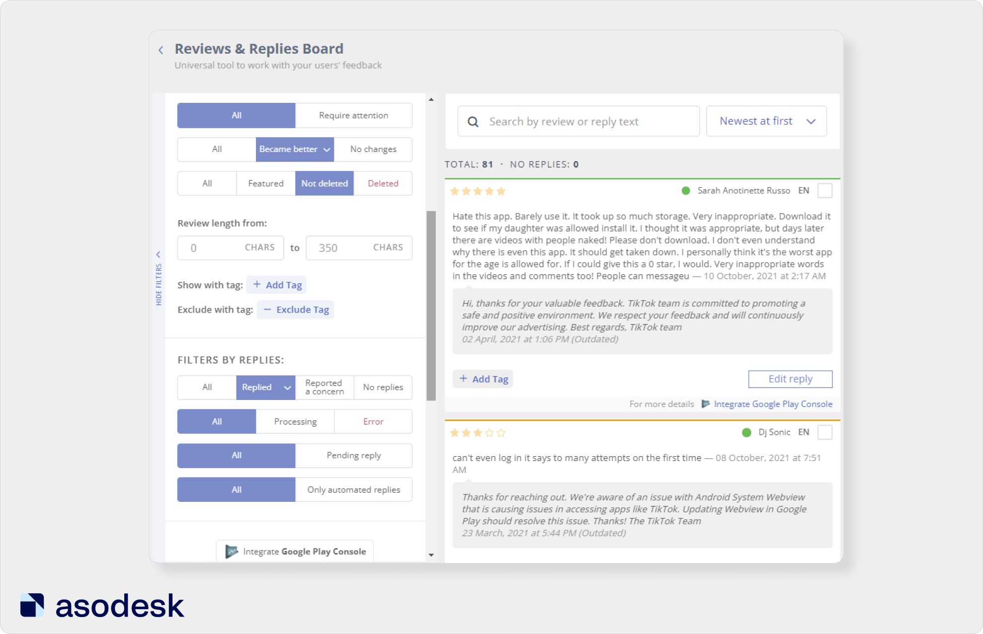 В Reviews & Replies Board вы можете посмотреть, как пользователи App Store и Google Play поменяли свою оценку