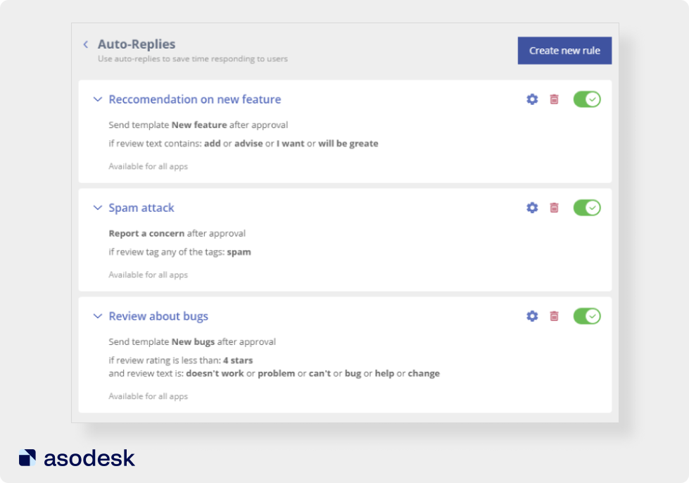 Auto-Replies в Asodesk позволяет настраивать автоматические ответы