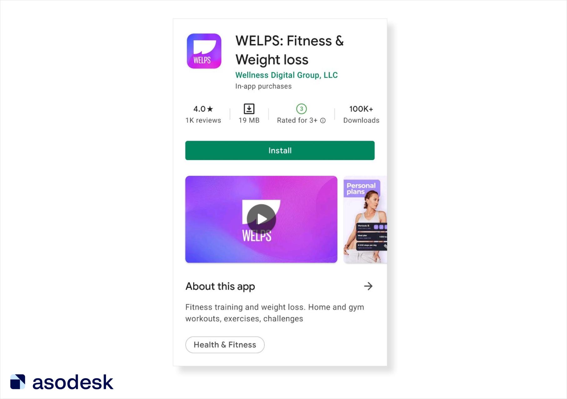 В названии приложения WELP в Google Play помещается важный брендовый запрос, а также 2 небрендовых запроса