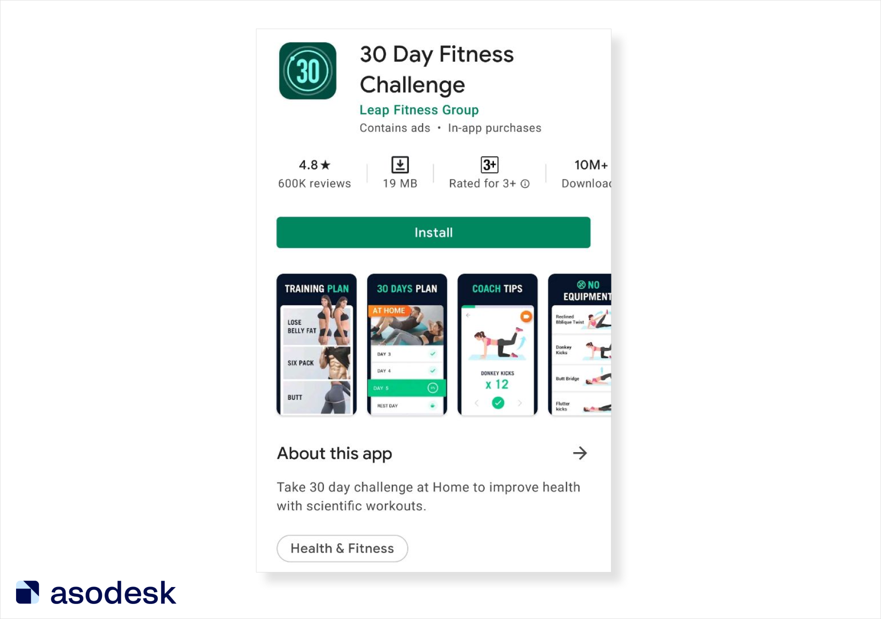На скриншотах приложения 30 30 Days Fitness Challenge показаны основные функции приложения