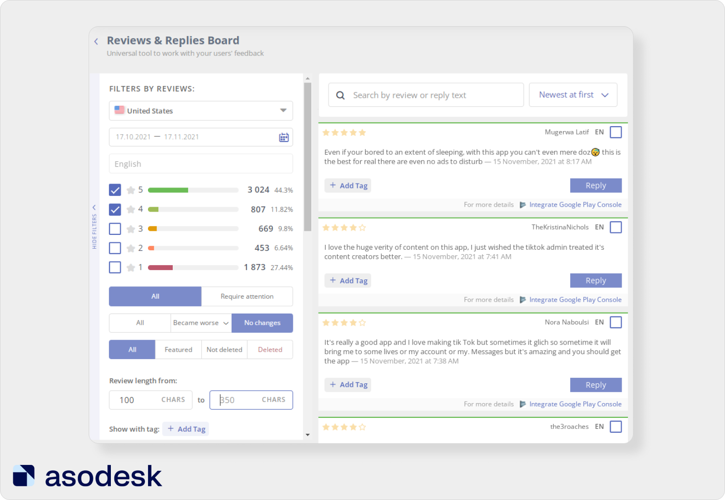 В Reviews & Replies Board в Asodesk можно отфилтровать отзывы по различным критериям