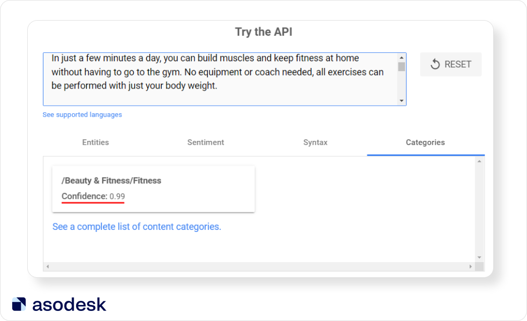 В Google Cloud Natural Language вы можете проверить, насколько Google относит ваше приложение к нужной категории