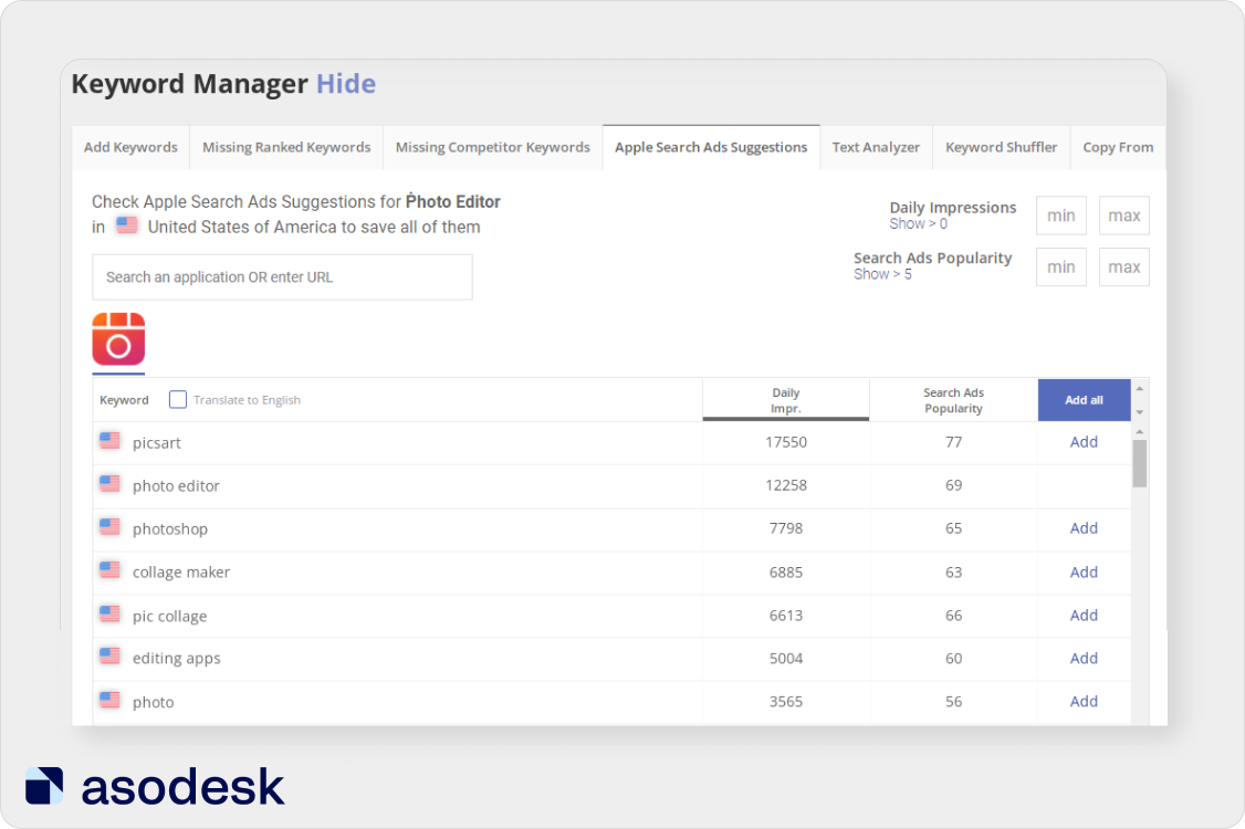 В Keyword Manager вы можете проверить поисковые подсказки для приложения из App Store