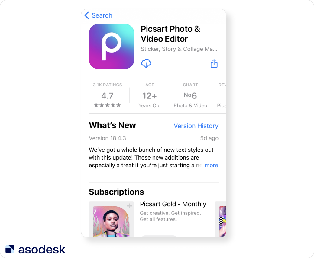 Страница приложения Picsart в App Store